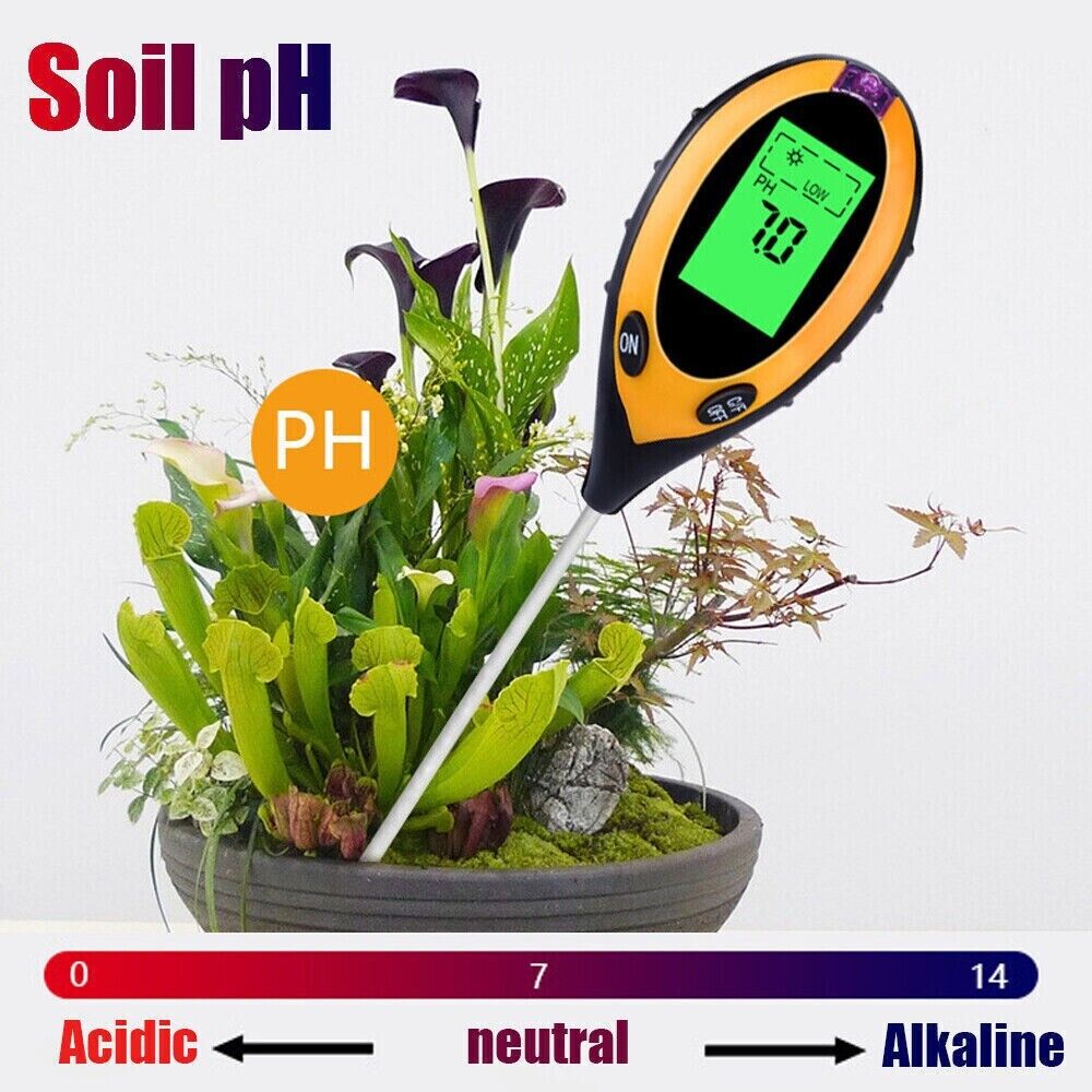 Soil pH meter being used on a potted plant with a pH scale displayed.