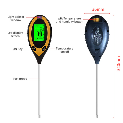 Digital pH/temperature and humidity meter with labeled parts and dimensions on a white background